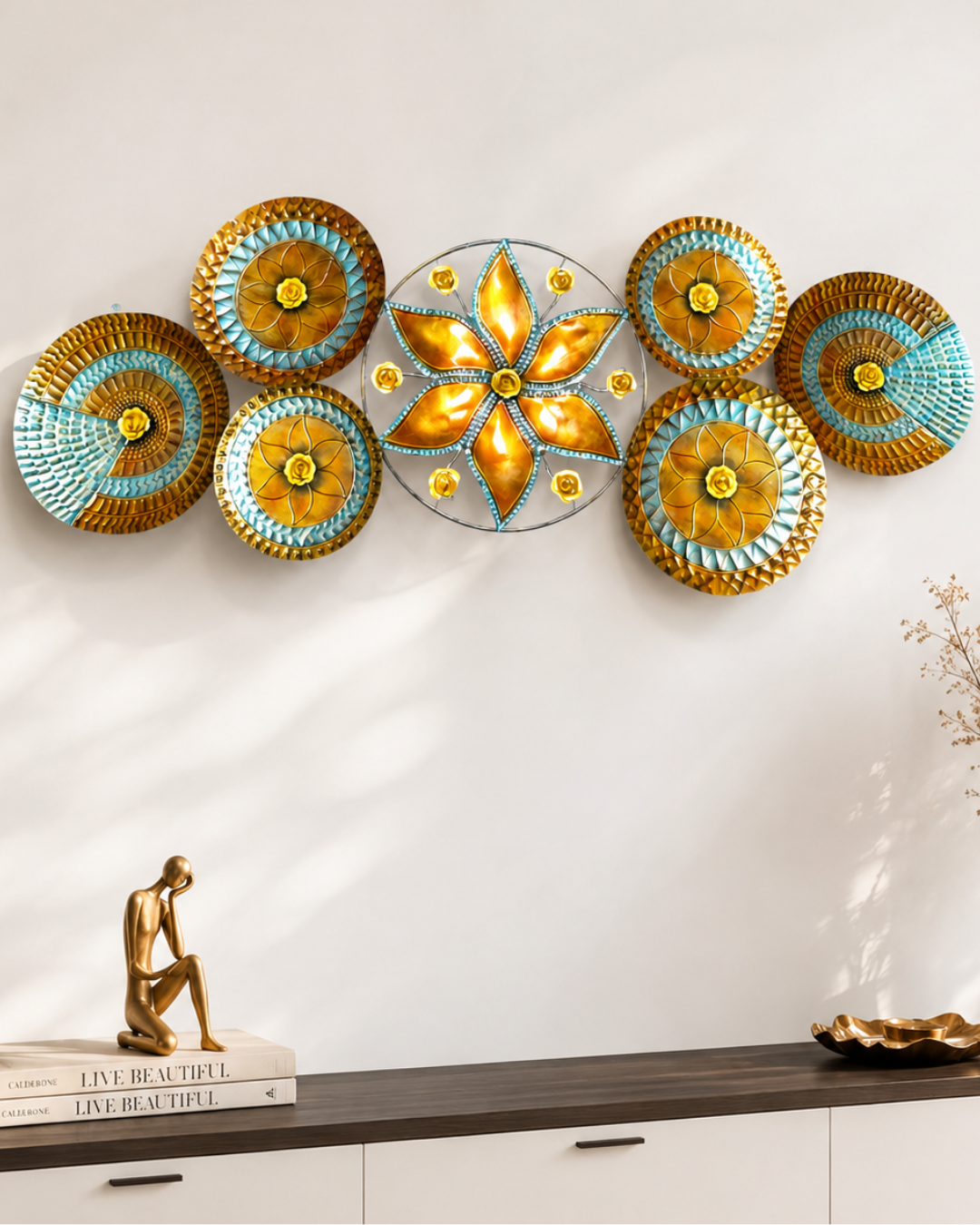 Turquoise & Gold Mandala Disc Wall Art - Floral Medallion Wall Sculpture