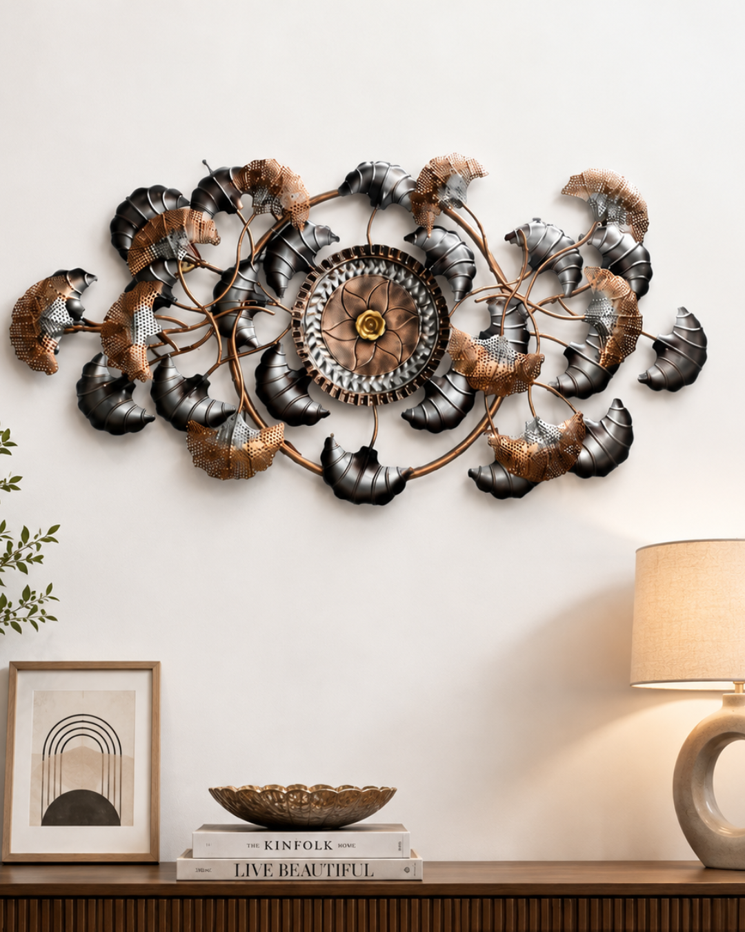 Copper & Bronze Leaf Wreath Wall Art - Round Metal Floral Medallion Decor