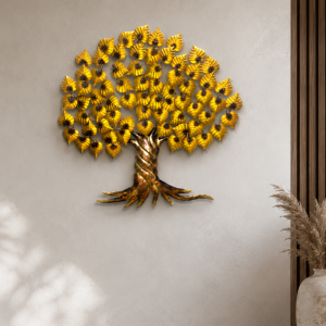 Golden Tree of Life Metal Wall Art - Handcrafted Leafy Tree Wall Sculpture