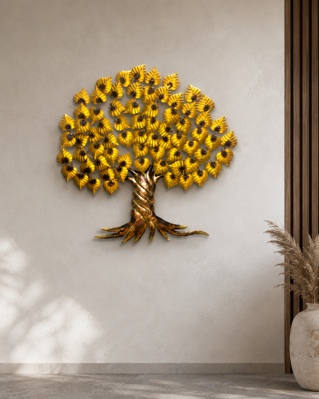 Golden Tree of Life Metal Wall Art - Handcrafted Leafy Tree Wall Sculpture