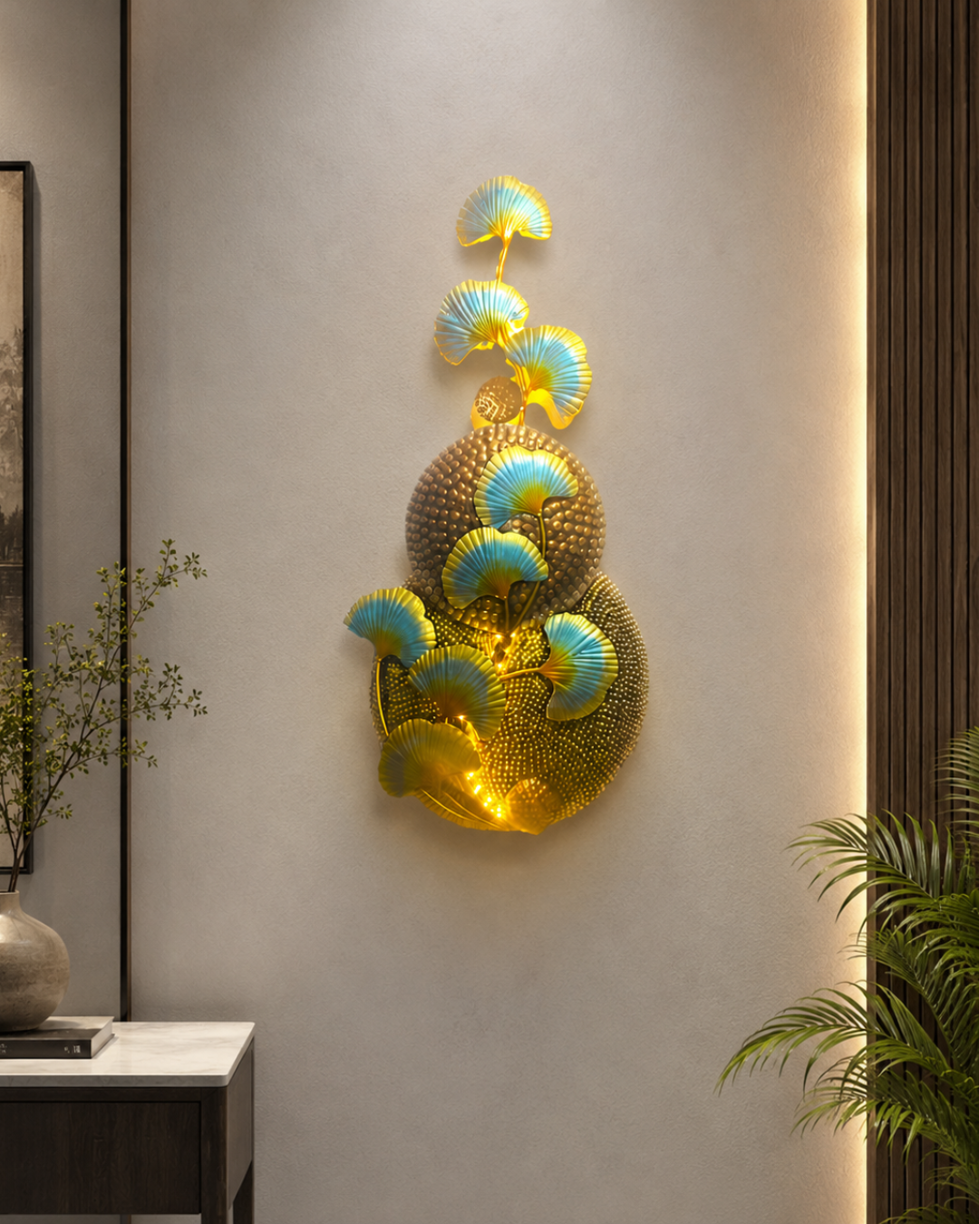 LED Ginkgo Leaf Wall Sconce Art - Illuminated Metal Wall Sculpture