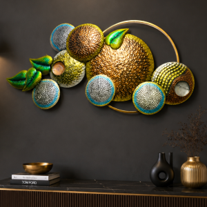 Jewel-Tone Hammered Disc Wall Art with Gold Ring - Abstract Metal Wall Sculpture