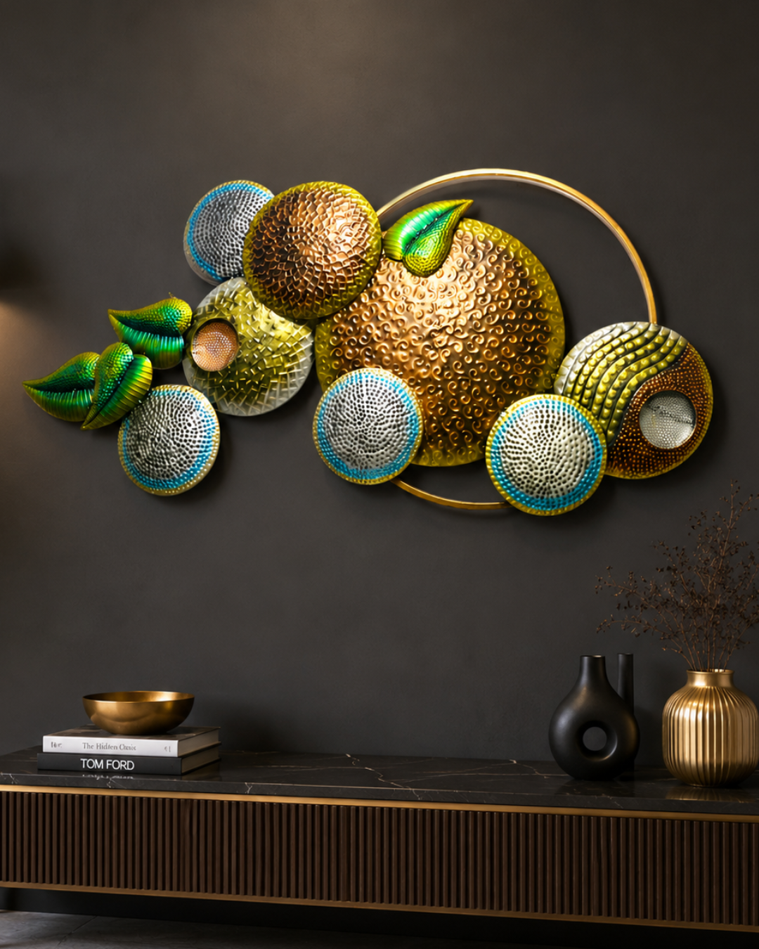 Jewel-Tone Hammered Disc Wall Art with Gold Ring - Abstract Metal Wall Sculpture