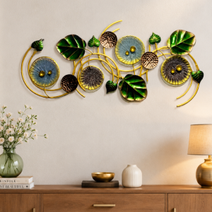 Golden Lily Pad & Leaf Wall Art - Botanical Metal Wall Sculpture