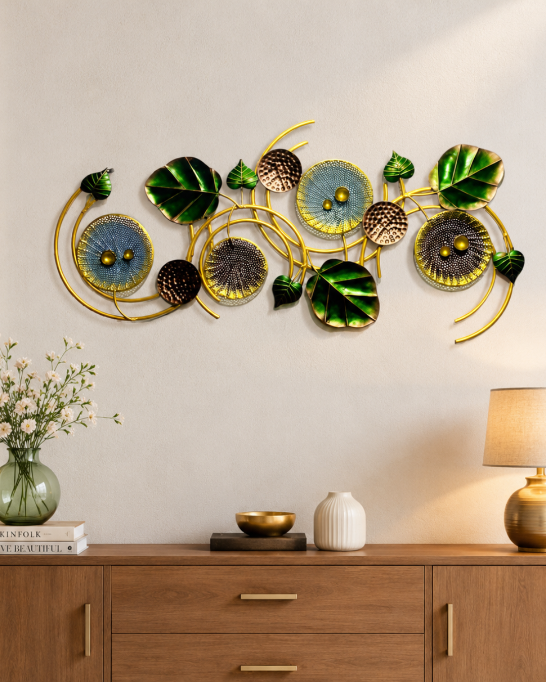 Golden Lily Pad & Leaf Wall Art - Botanical Metal Wall Sculpture
