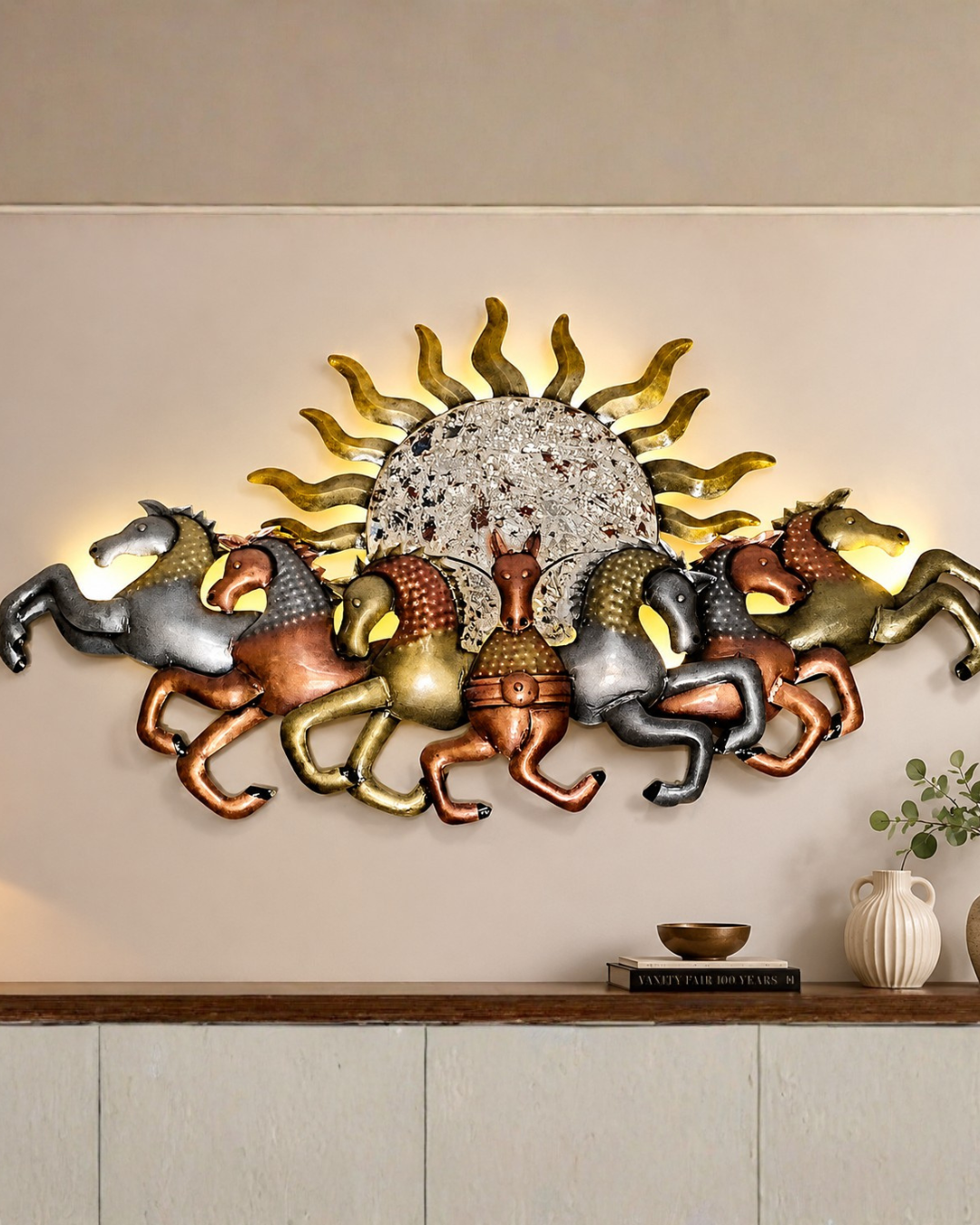 Seven Running Horses LED Wall Art - Sunburst Metal Wall Sculpture