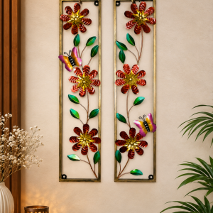 Red Flower & Butterfly Wall Art Panel - Framed Metal Floral Wall Decor (Set of 2)