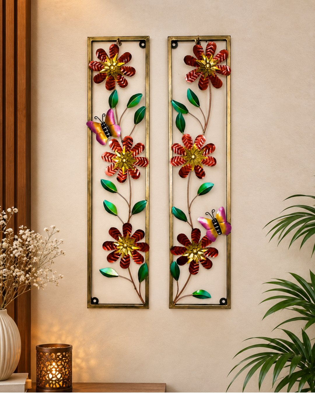 Red Flower & Butterfly Wall Art Panel - Framed Metal Floral Wall Decor (Set of 2)