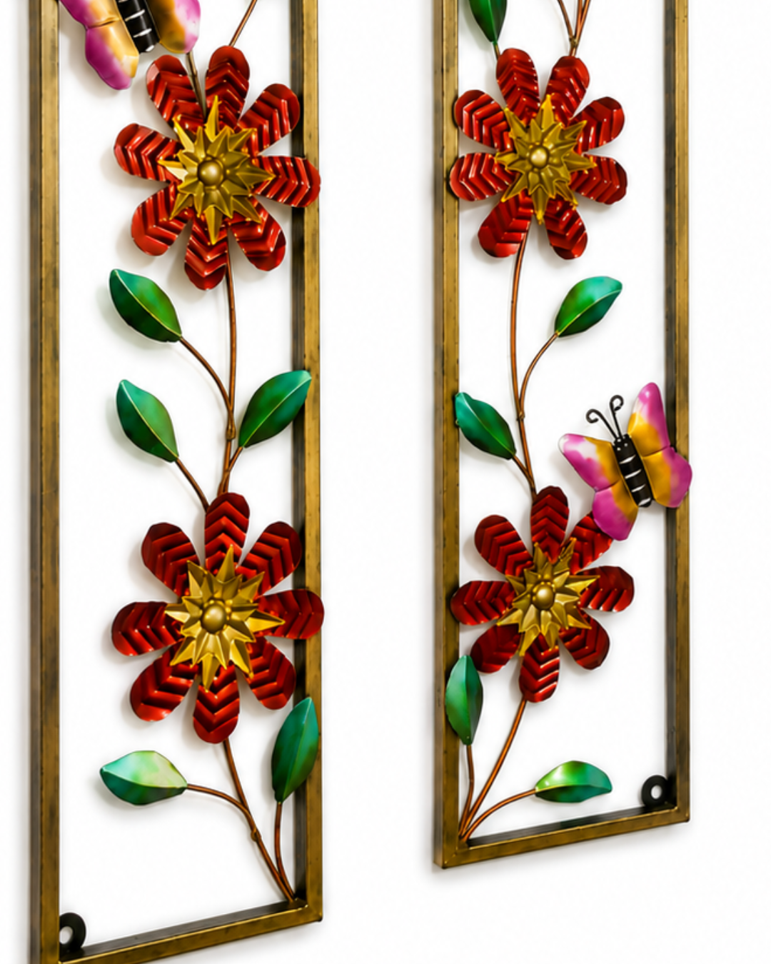 Red Flower & Butterfly Wall Art Panel - Framed Metal Floral Wall Decor (Set of 2) - Image 2