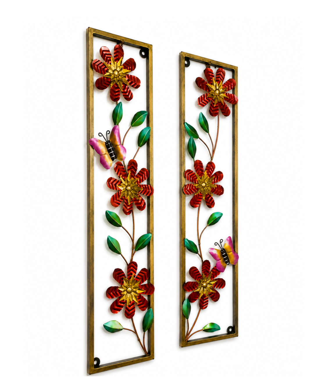 Red Flower & Butterfly Wall Art Panel - Framed Metal Floral Wall Decor (Set of 2) - Image 3