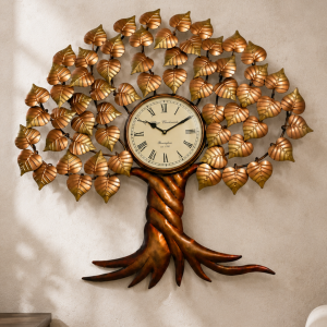 Golden Tree of Life Wall Clock - Metal Leaf Wall Art with Roman Numeral Dial