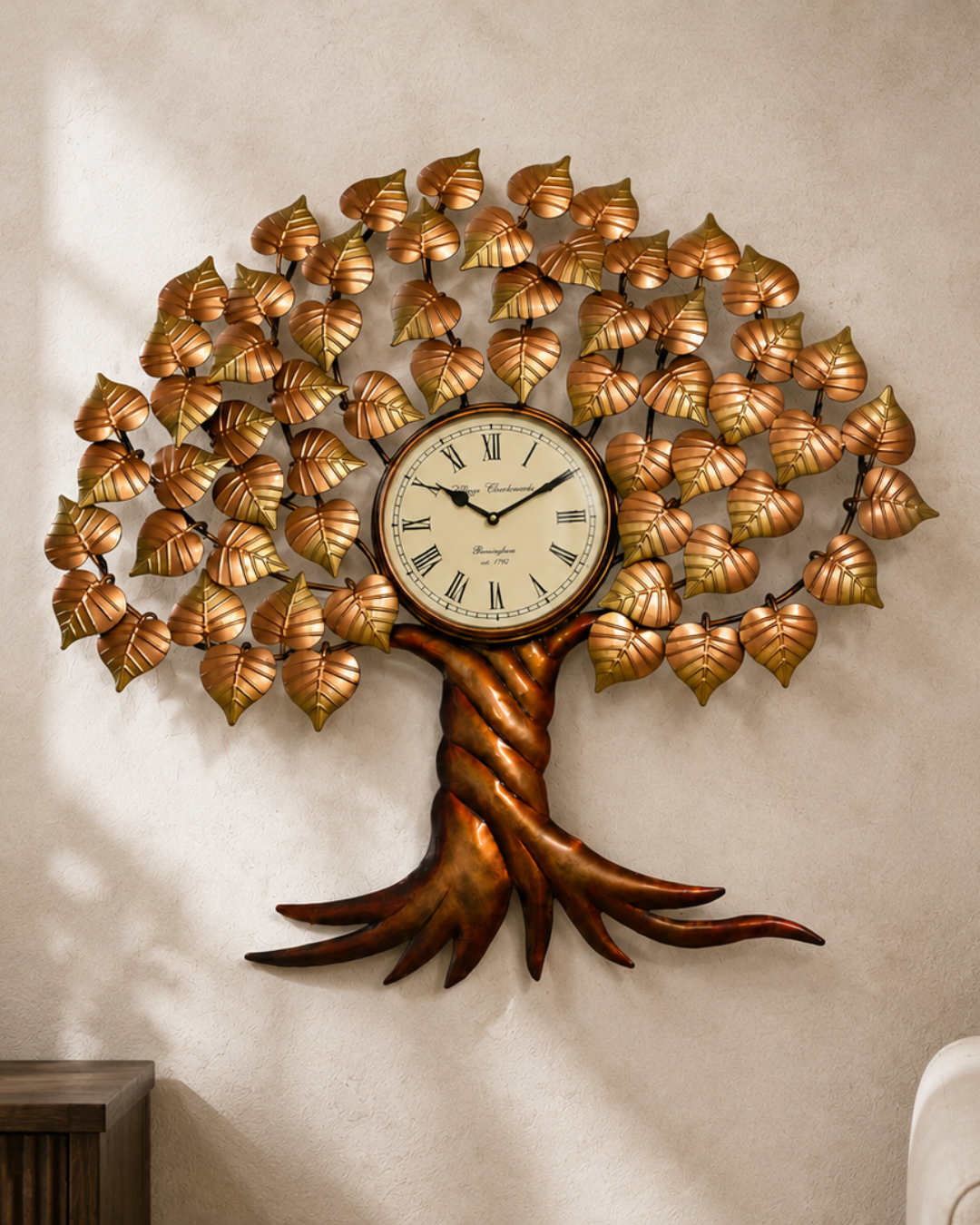 Golden Tree of Life Wall Clock - Metal Leaf Wall Art with Roman Numeral Dial