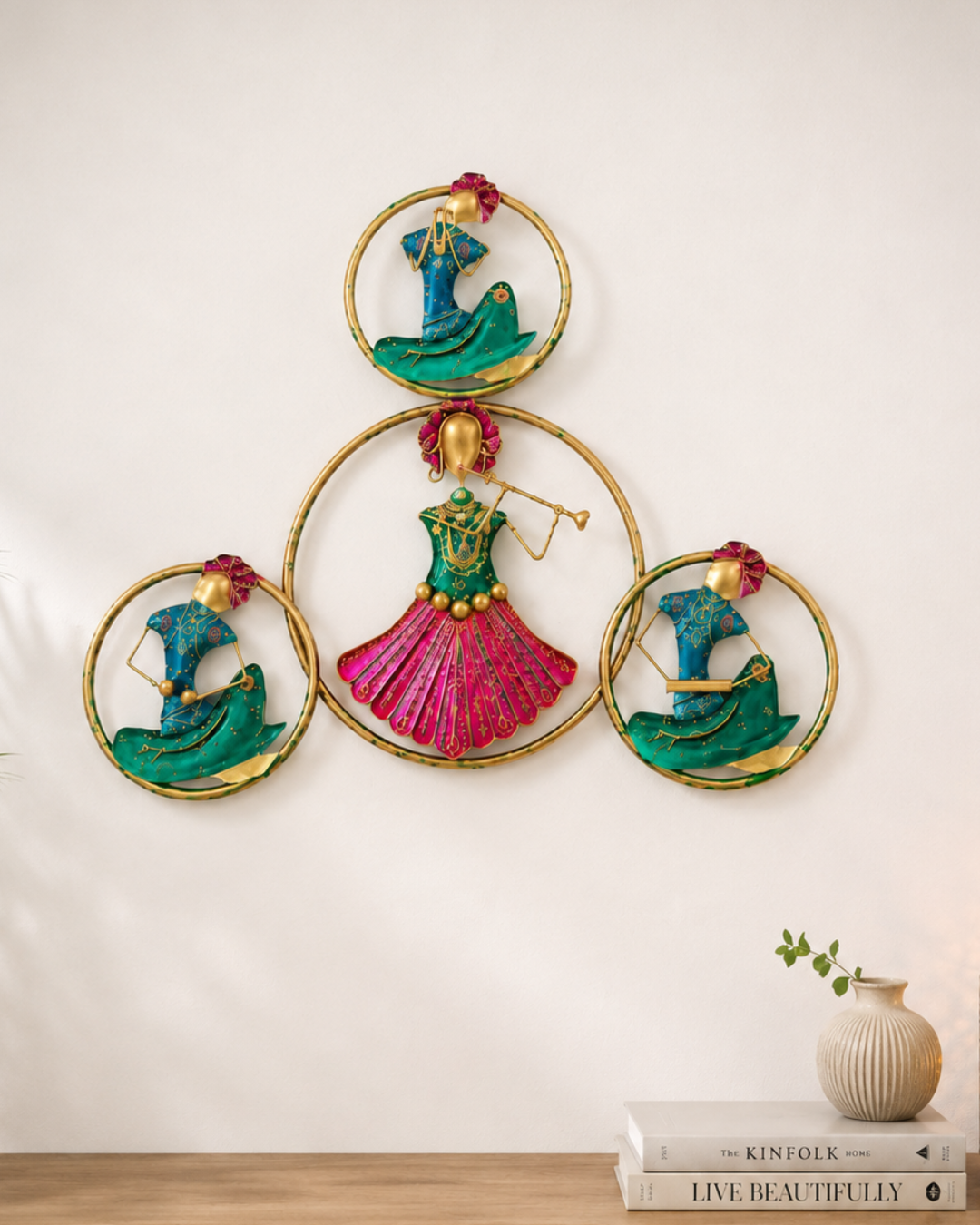 Rajasthani Musician Trio Ring Wall Art - Handpainted Folk Dancer Wall Sculpture