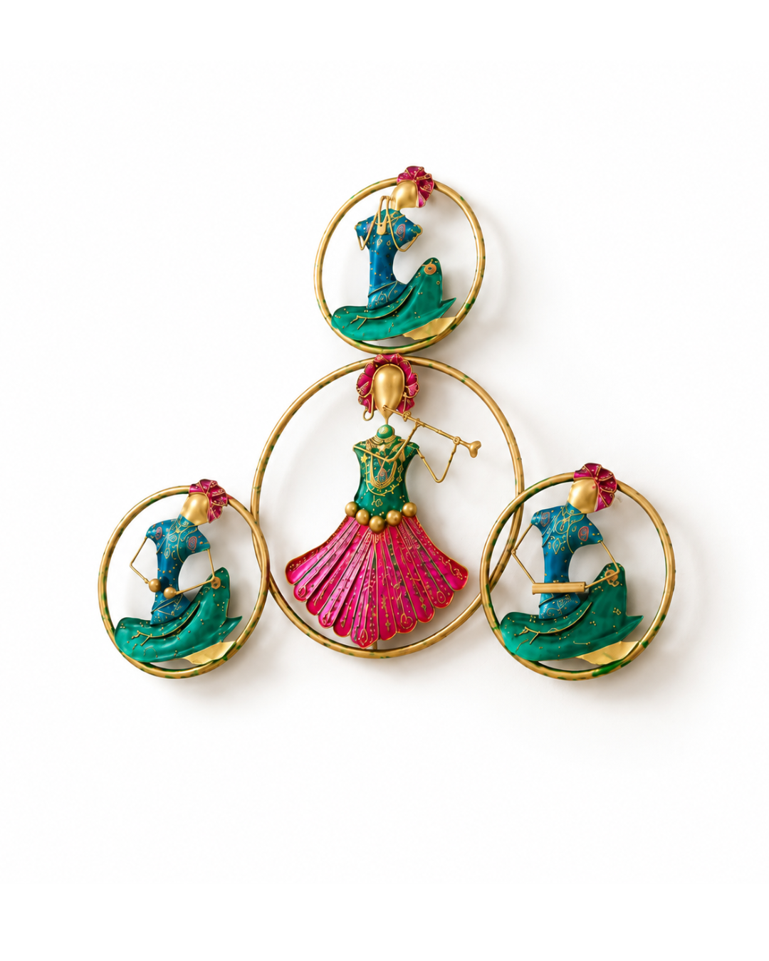 Rajasthani Musician Trio Ring Wall Art - Handpainted Folk Dancer Wall Sculpture - Image 3
