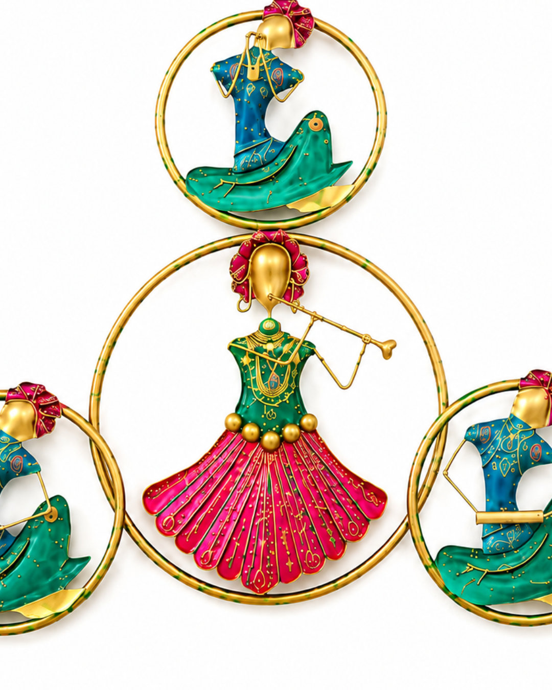 Rajasthani Musician Trio Ring Wall Art - Handpainted Folk Dancer Wall Sculpture - Image 2