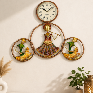 Antique Bronze Musician Trio Wall Clock - Rajasthani Folk Art Ring Wall Decor