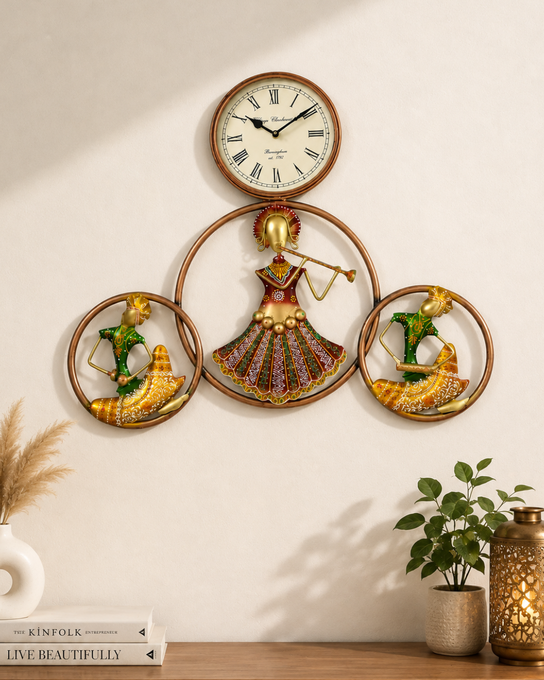 Antique Bronze Musician Trio Wall Clock - Rajasthani Folk Art Ring Wall Decor