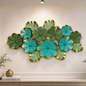 Turquoise Lotus Leaf Disc Wall Art - Layered Metal Floral Wall Sculpture