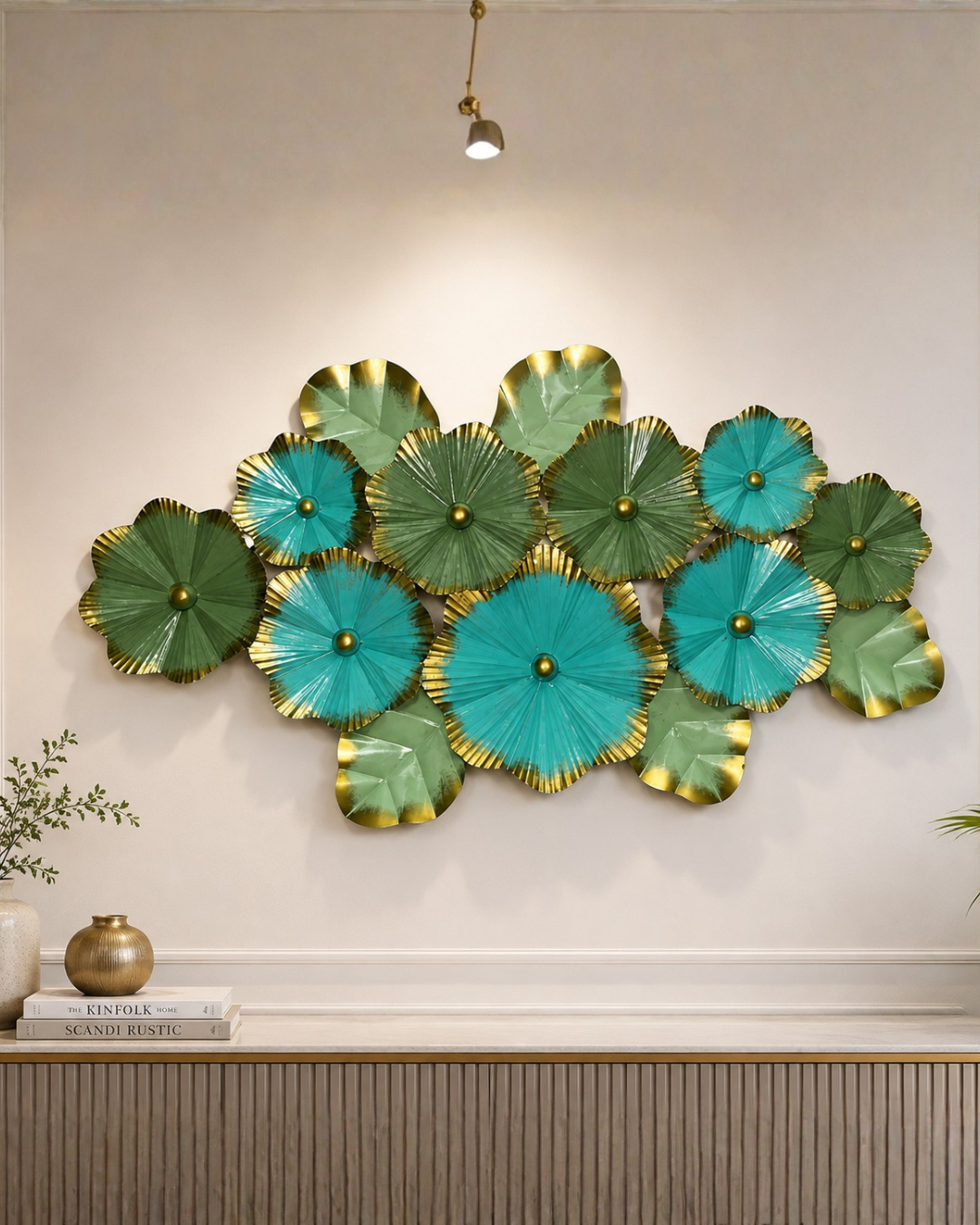 Turquoise Lotus Leaf Disc Wall Art - Layered Metal Floral Wall Sculpture