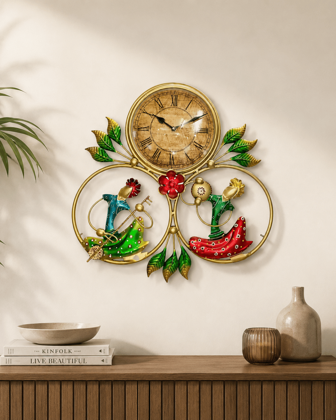 Rajasthani Dancer Couple Metal Wall Clock | Handpainted Folk Art Analog Clock