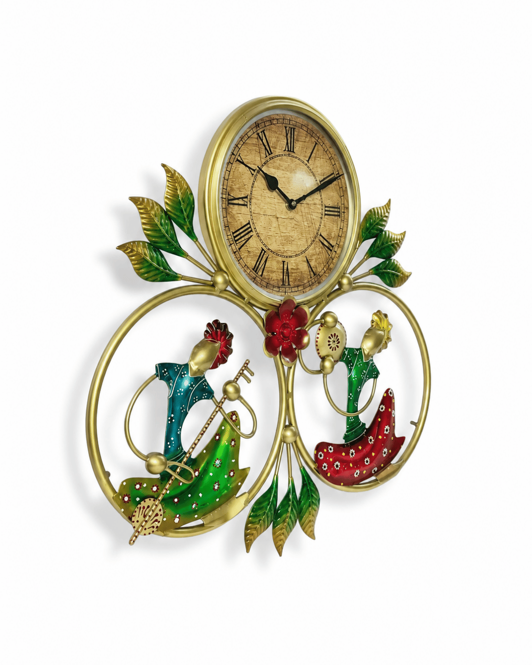 Rajasthani Dancer Couple Metal Wall Clock | Handpainted Folk Art Analog Clock - Image 2