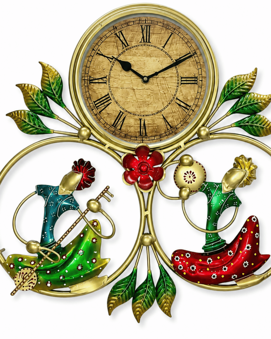 Rajasthani Dancer Couple Metal Wall Clock | Handpainted Folk Art Analog Clock - Image 3