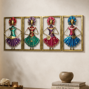 4-Panel Rajasthani Dancer Wall Art Set | Handpainted Framed Musician Wall Decor