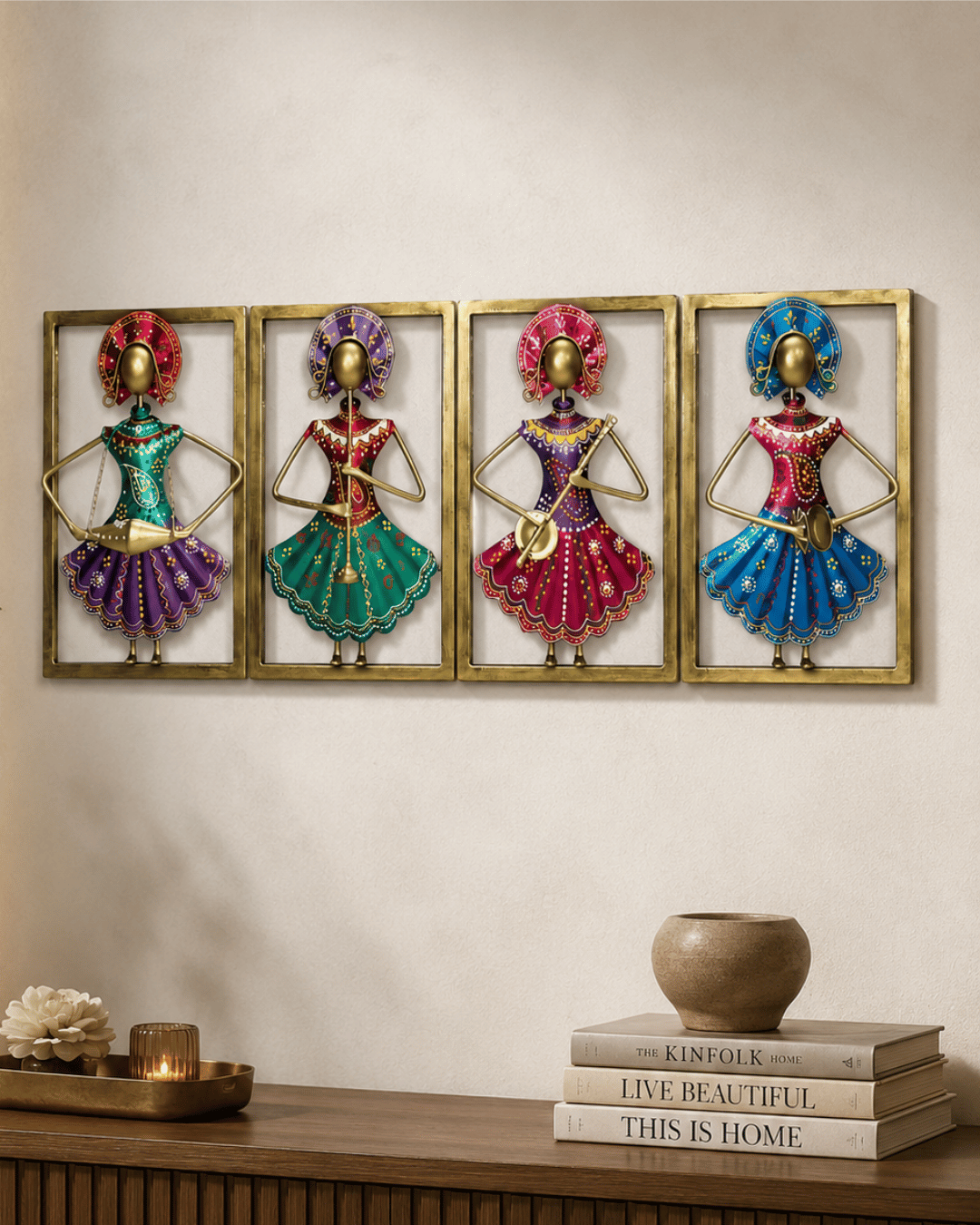 4-Panel Rajasthani Dancer Wall Art Set | Handpainted Framed Musician Wall Decor