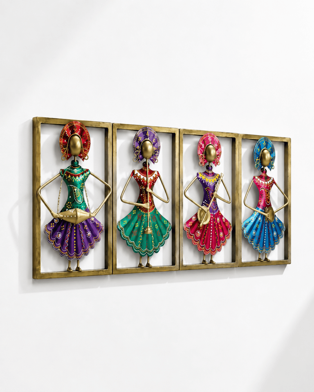 4-Panel Rajasthani Dancer Wall Art Set | Handpainted Framed Musician Wall Decor - Image 2
