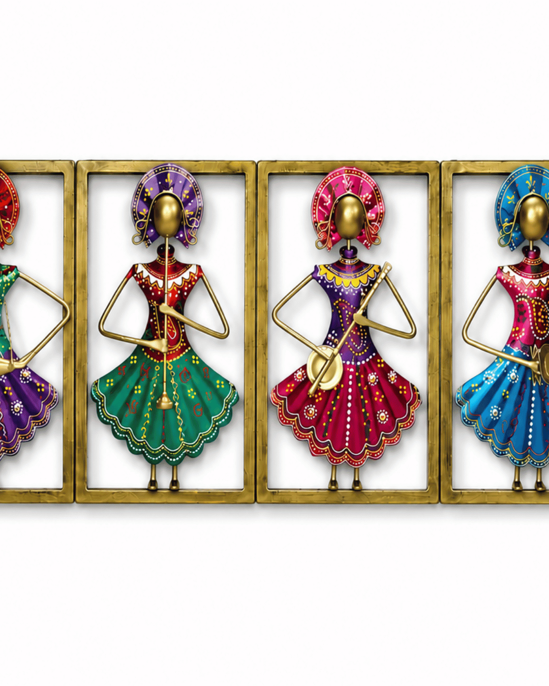 4-Panel Rajasthani Dancer Wall Art Set | Handpainted Framed Musician Wall Decor - Image 3