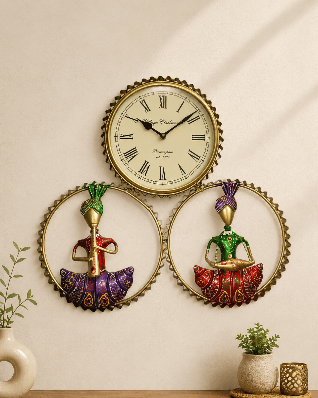 Rajasthani Musician Duo Wall Clock | Village Clockworks Style Roman Numeral Clock