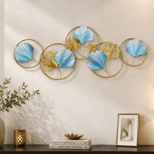 Blue & Gold Ginkgo Leaf Circles Metal Wall Art | Handpainted Interlocking Rings Decor