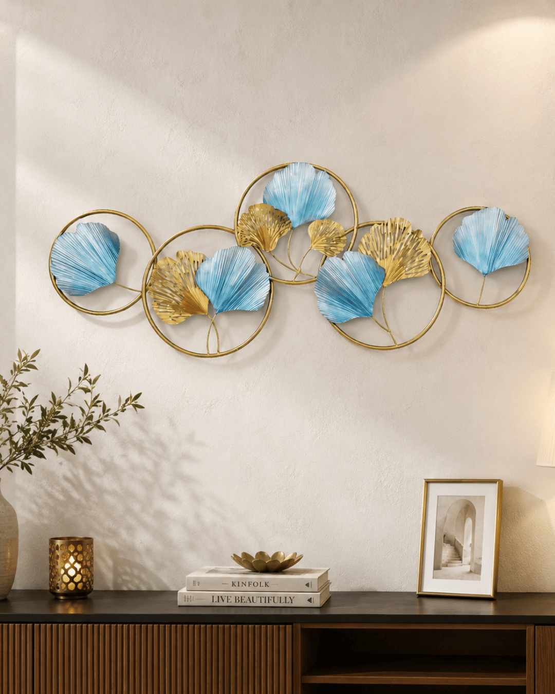 Blue & Gold Ginkgo Leaf Circles Metal Wall Art | Handpainted Interlocking Rings Decor