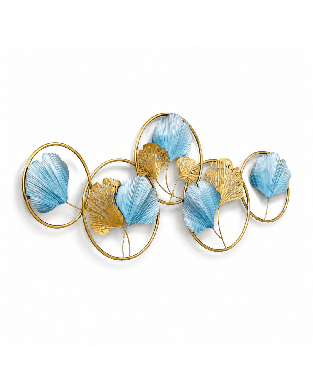 Blue & Gold Ginkgo Leaf Circles Metal Wall Art | Handpainted Interlocking Rings Decor - Image 2