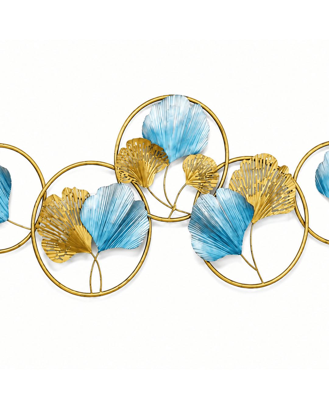 Blue & Gold Ginkgo Leaf Circles Metal Wall Art | Handpainted Interlocking Rings Decor - Image 3