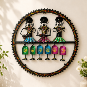 Tribal Musician Trio Wall Bell Wind Chime Art | Handpainted Round Metal Decor