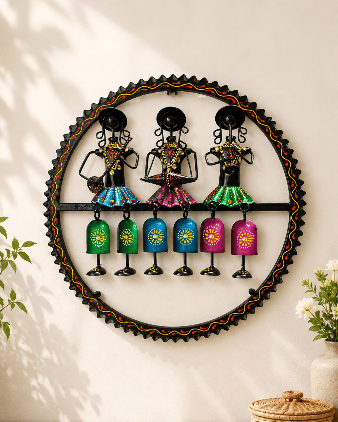 Tribal Musician Trio Wall Bell Wind Chime Art | Handpainted Round Metal Decor