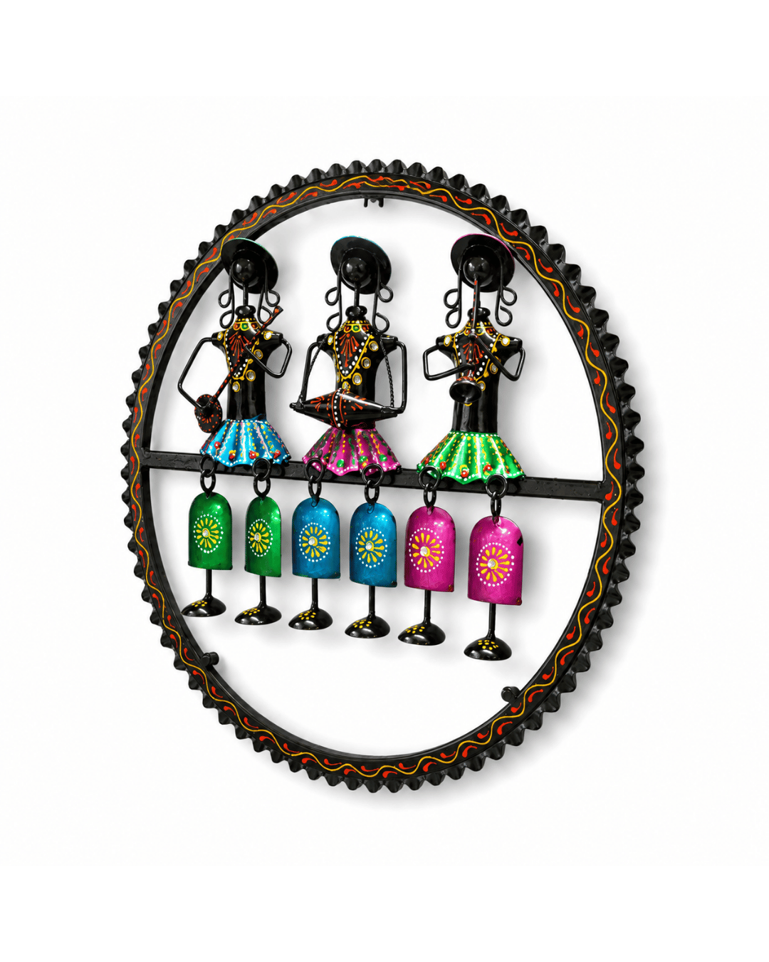 Tribal Musician Trio Wall Bell Wind Chime Art | Handpainted Round Metal Decor - Image 2