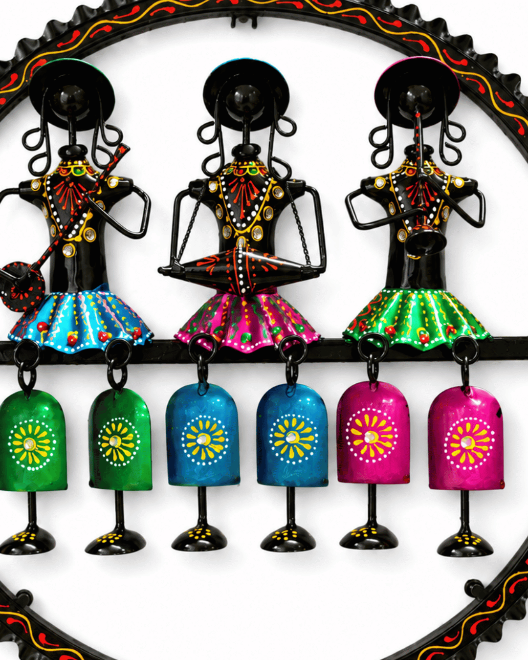 Tribal Musician Trio Wall Bell Wind Chime Art | Handpainted Round Metal Decor - Image 3