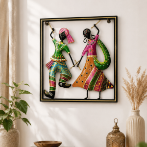 Rajasthani Dancing Couple Metal Wall Art | Framed Handpainted Folk Dance Decor