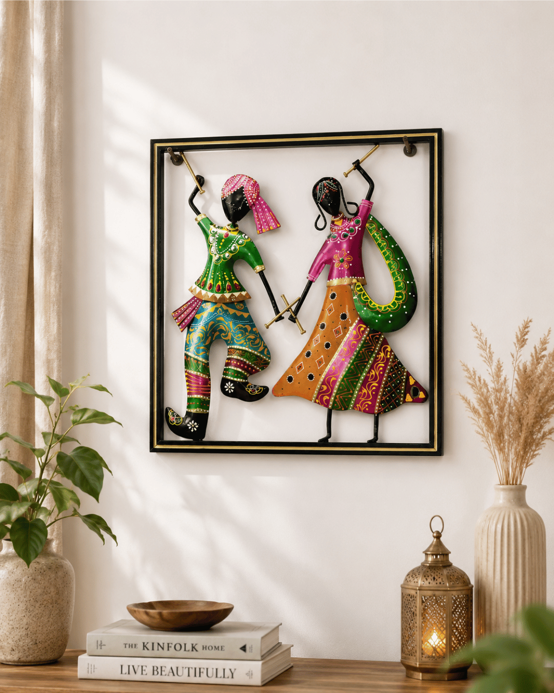 Rajasthani Dancing Couple Metal Wall Art | Framed Handpainted Folk Dance Decor