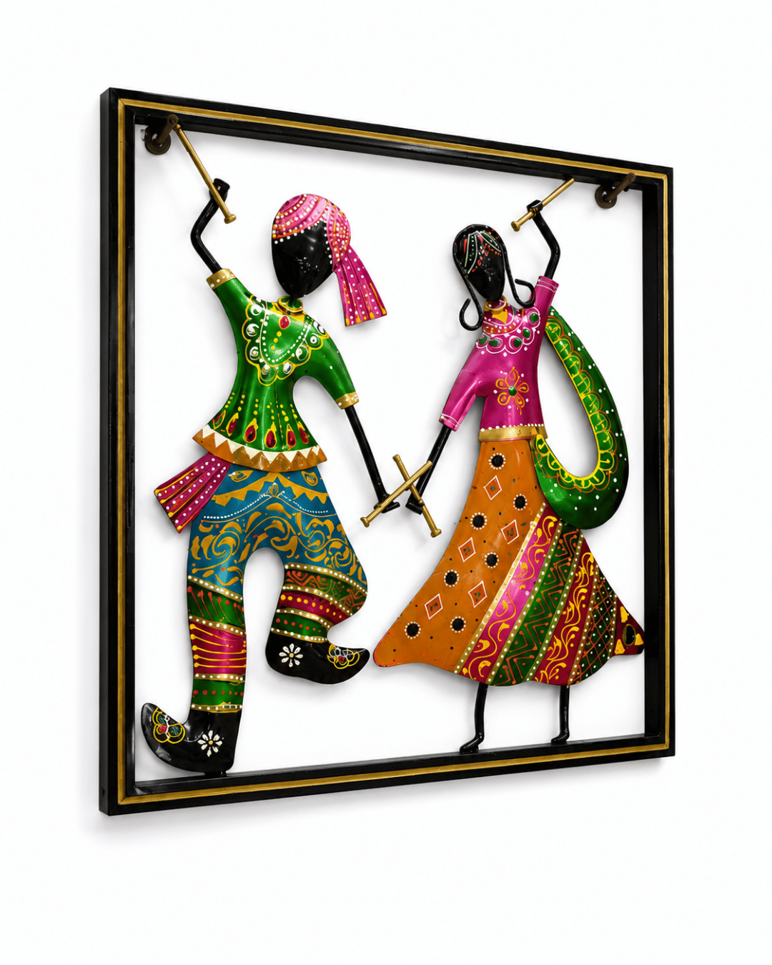 Rajasthani Dancing Couple Metal Wall Art | Framed Handpainted Folk Dance Decor - Image 2