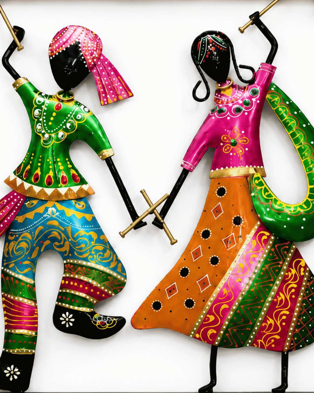 Rajasthani Dancing Couple Metal Wall Art | Framed Handpainted Folk Dance Decor - Image 3