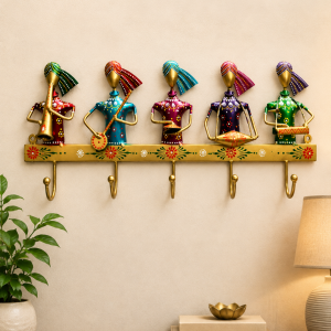 Rajasthani Musician Band Metal Wall Hook | 5-Hook Handpainted Coat Hanger
