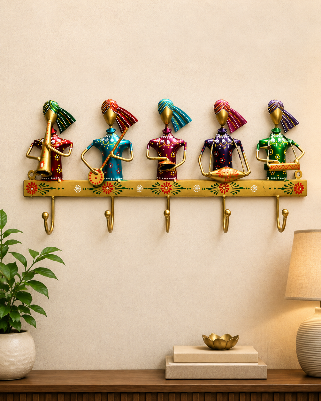 Rajasthani Musician Band Metal Wall Hook | 5-Hook Handpainted Coat Hanger