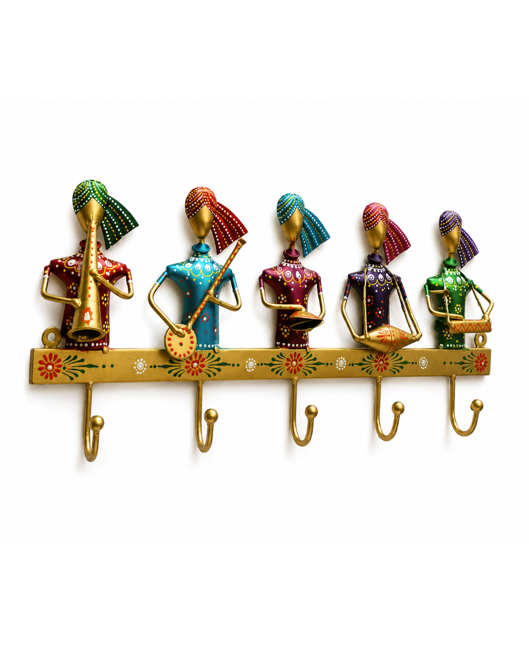 Rajasthani Musician Band Metal Wall Hook | 5-Hook Handpainted Coat Hanger - Image 3
