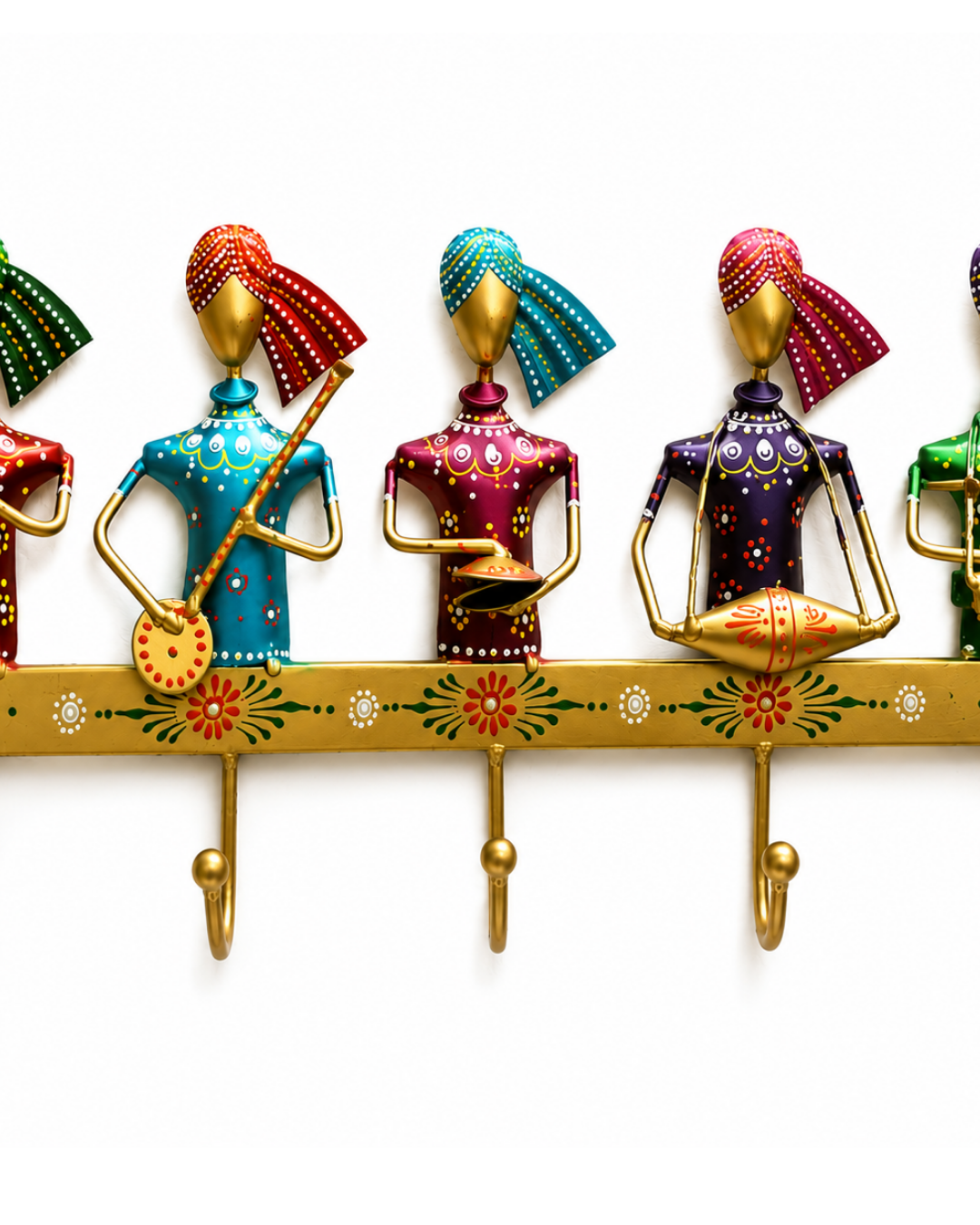 Rajasthani Musician Band Metal Wall Hook | 5-Hook Handpainted Coat Hanger - Image 2