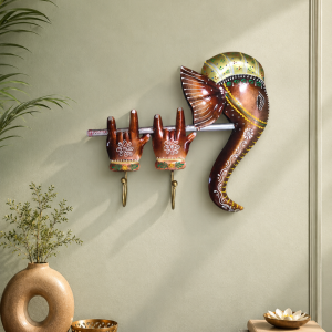 Ganesha Face Metal Wall Hook | Hand-Painted Blessing Hands Key Holder