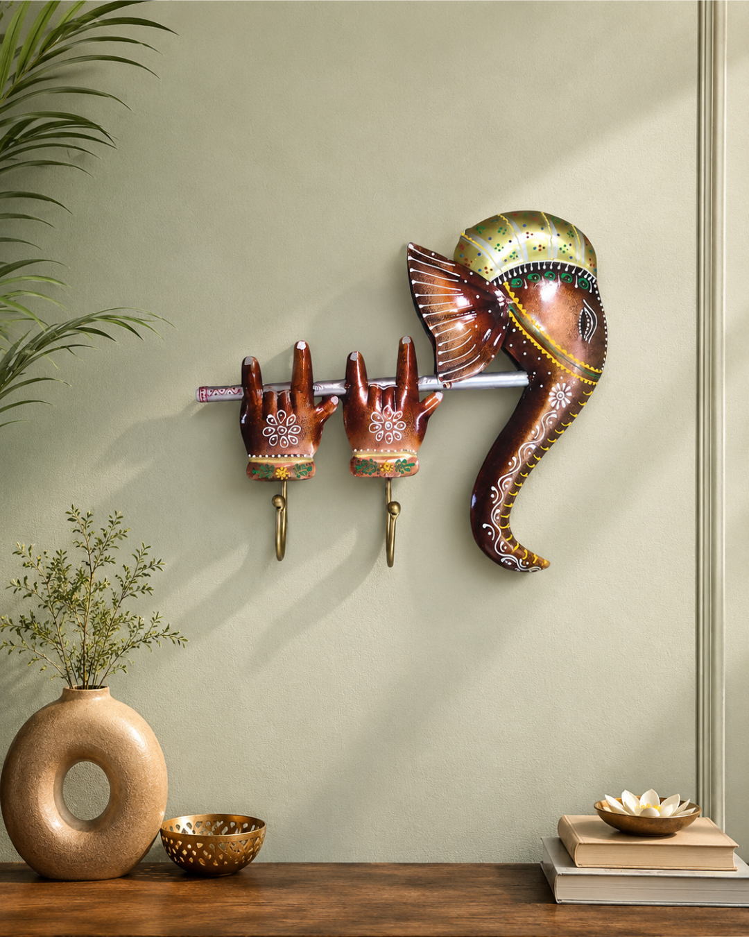 Ganesha Face Metal Wall Hook | Hand-Painted Blessing Hands Key Holder