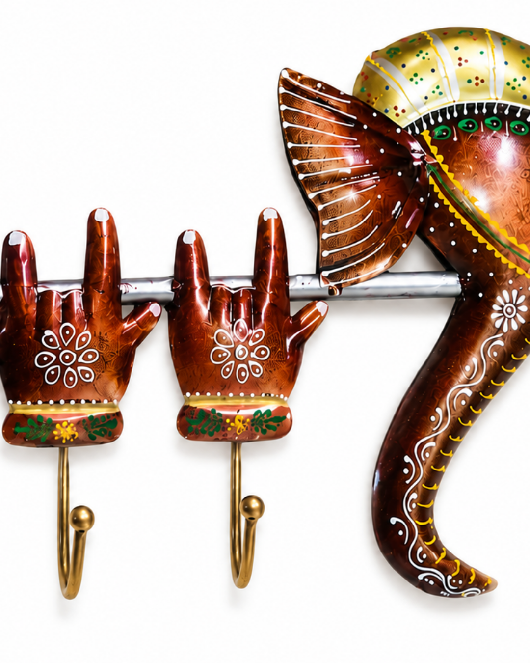 Ganesha Face Metal Wall Hook | Hand-Painted Blessing Hands Key Holder - Image 2